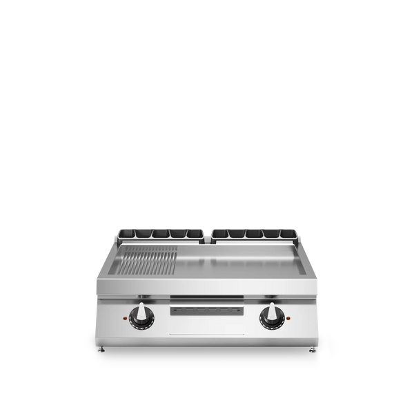 R90/80FTE/LR/T Electric fry top, 2/3 smooth 1/3 ribbed mild steel plate, top