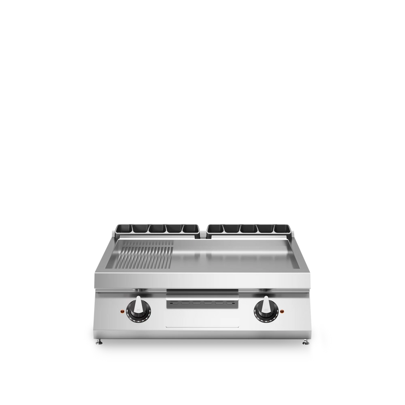 R90/80FTE/LR/T Electric fry top, 2/3 smooth 1/3 ribbed mild steel plate, top